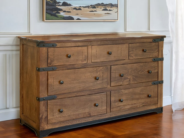 70" Brown and Black Solid Wood Seven Drawer Triple Dresser