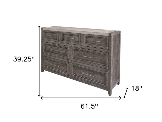 62" Gray Solid Wood Seven Drawer Triple Dresser