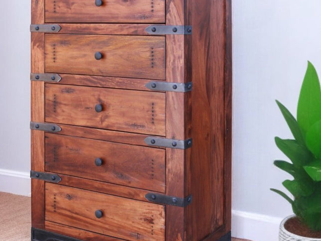 70" Brown and Black Solid Wood Seven Drawer Triple Dresser