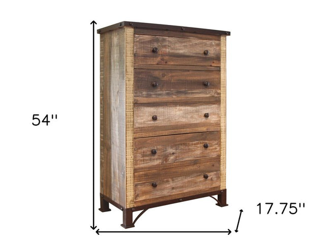 36" Brown Solid Wood Five Drawer Chest