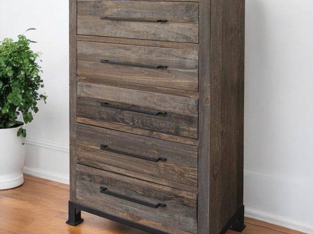 36" Gray Solid Wood Five Drawer Dresser