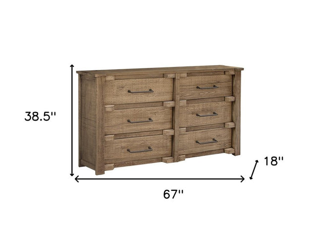 67" Natural Solid Wood Six Drawer Double Dresser