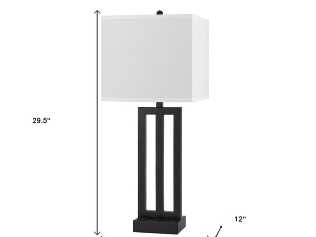 30" Black Metal USB Table Lamp With White Shade