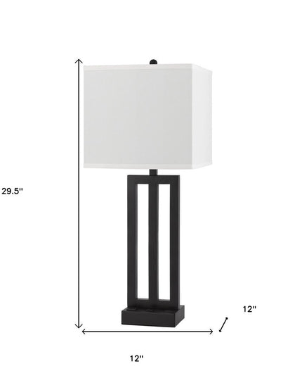 30" Black Metal USB Table Lamp With White Shade