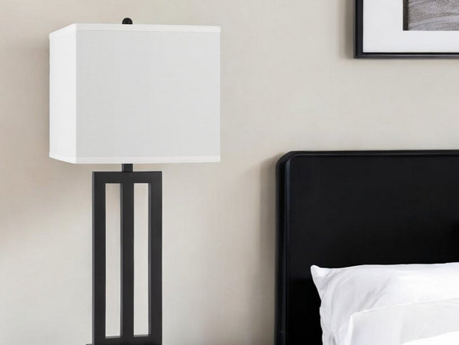 30" Black Metal USB Table Lamp With White Shade