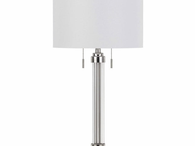31" Silver Metallic Metal Two Light Cylinder Table Lamp With White Drum Shade