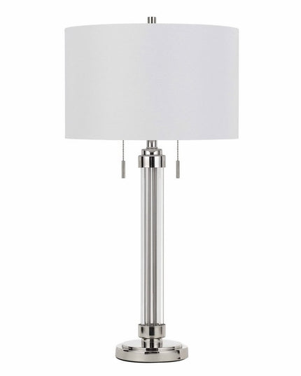 31" Silver Metallic Metal Two Light Cylinder Table Lamp With White Drum Shade