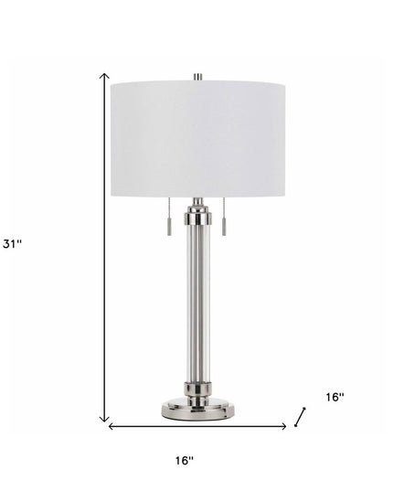 31" Silver Metallic Metal Two Light Cylinder Table Lamp With White Drum Shade