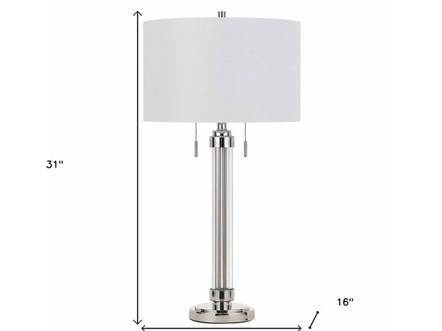 31" Silver Metallic Metal Two Light Cylinder Table Lamp With White Drum Shade