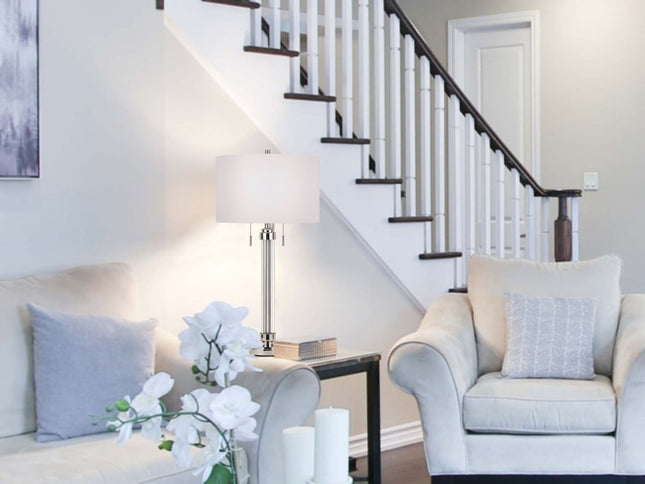 31" Silver Metallic Metal Two Light Cylinder Table Lamp With White Drum Shade