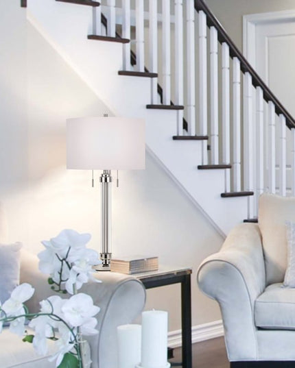 31" Silver Metallic Metal Two Light Cylinder Table Lamp With White Drum Shade