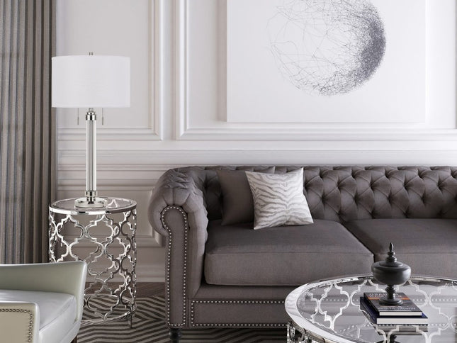 31" Silver Metallic Metal Two Light Cylinder Table Lamp With White Drum Shade