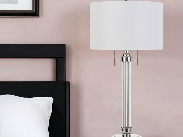 31" Silver Metallic Metal Two Light Cylinder Table Lamp With White Drum Shade