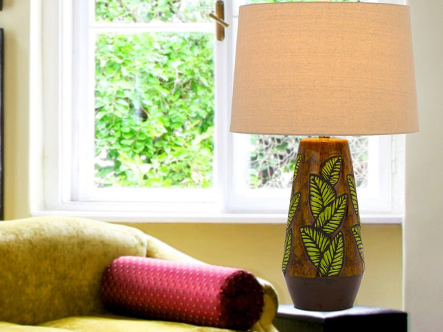 29" Brown Ceramic Cylinder Table Lamp With Tan Empire Shade