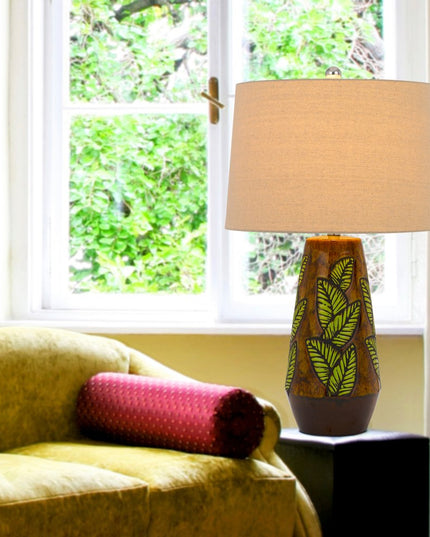 29" Brown Ceramic Cylinder Table Lamp With Tan Empire Shade