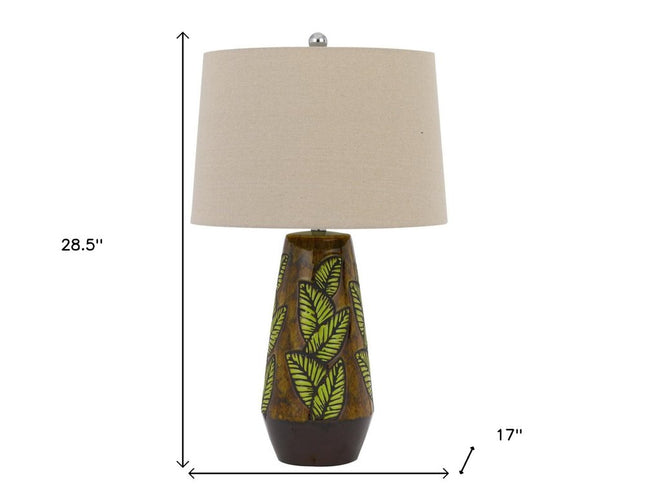 29" Brown Ceramic Cylinder Table Lamp With Tan Empire Shade