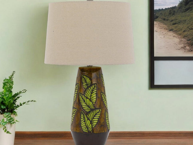 29" Brown Ceramic Cylinder Table Lamp With Tan Empire Shade