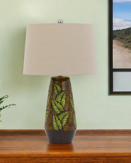 29" Brown Ceramic Cylinder Table Lamp With Tan Empire Shade