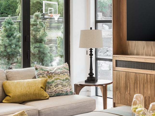 32" Charcoal Two Light Table Lamp With Tan Drum Shade