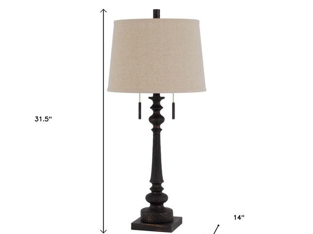 32" Charcoal Two Light Table Lamp With Tan Drum Shade
