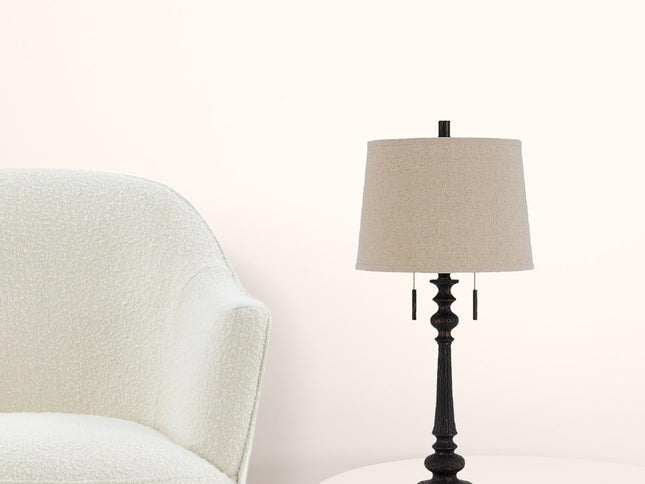 32" Charcoal Two Light Table Lamp With Tan Drum Shade