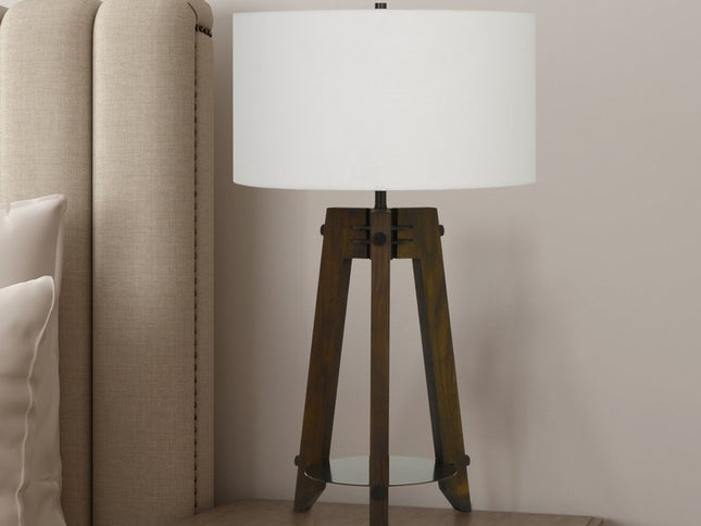 32" Brown Metal Tripod Table Lamp With Off White Drum Shade