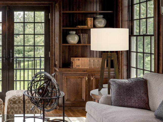 32" Brown Metal Tripod Table Lamp With Off White Drum Shade