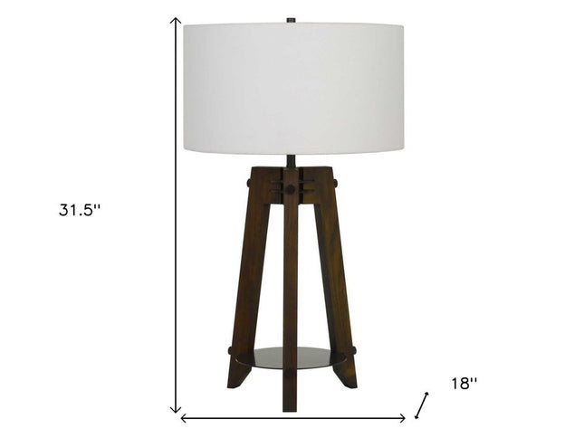 32" Brown Metal Tripod Table Lamp With Off White Drum Shade