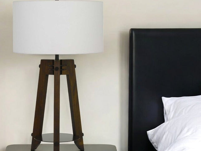 32" Brown Metal Tripod Table Lamp With Off White Drum Shade