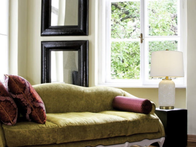 24" Ivory Metal Table Lamp With White Drum Shade