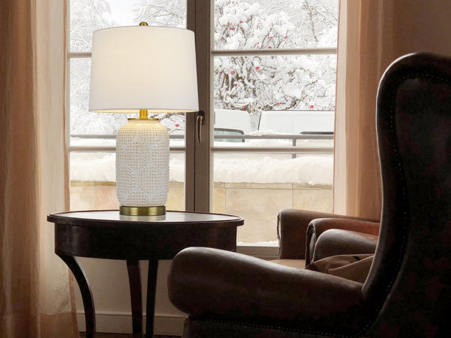 24" Ivory Metal Table Lamp With White Drum Shade