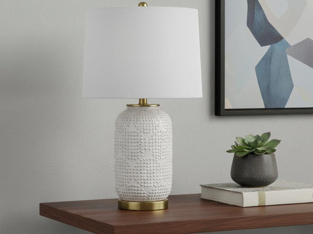 24" Ivory Metal Table Lamp With White Drum Shade