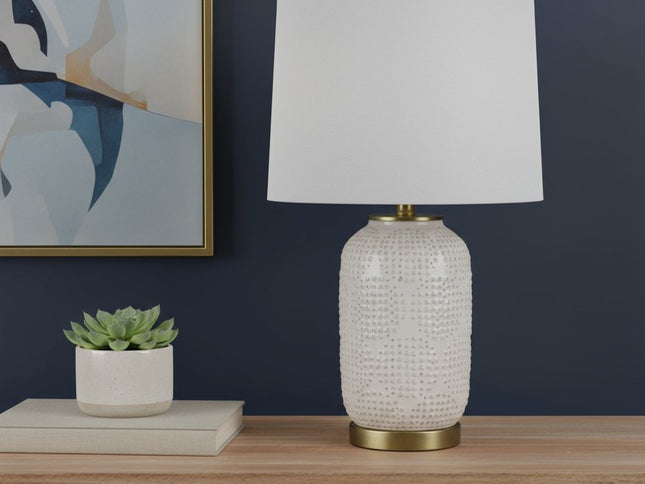 24" Ivory Metal Table Lamp With White Drum Shade