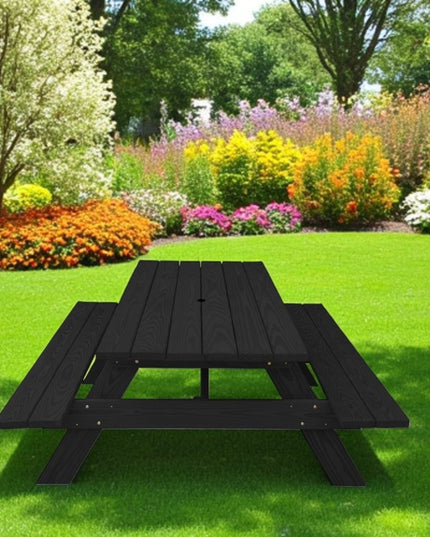 Black Solid Wood Dining Set with Two Benches With Umbrella Hole