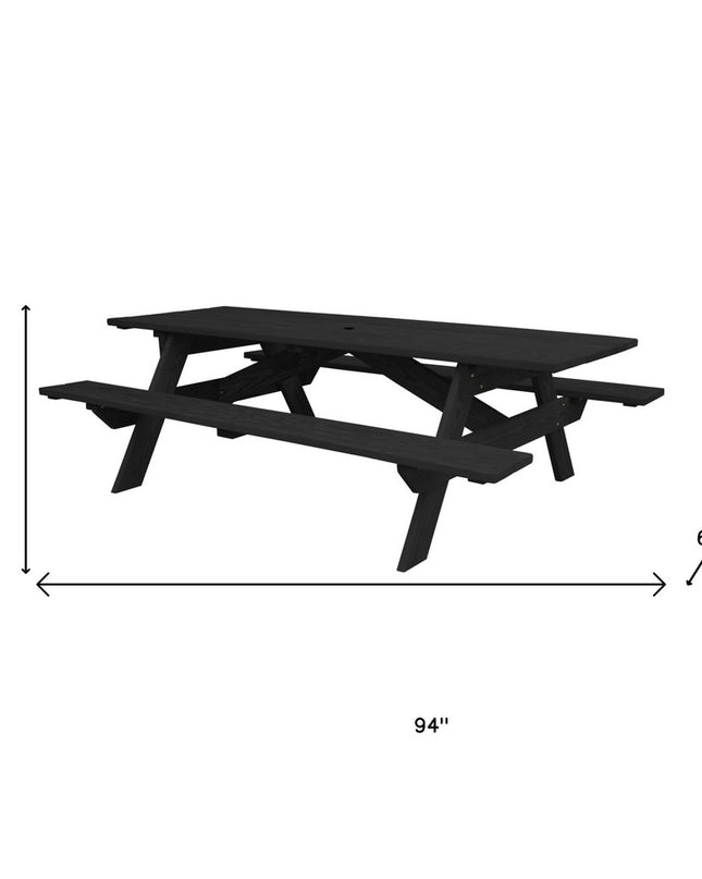 Black Solid Wood Dining Set with Two Benches With Umbrella Hole
