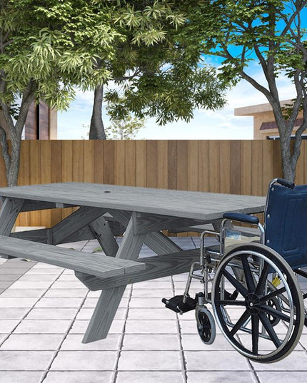 Gray Solid Wood Outdoor Picnic Table Umbrella Hole