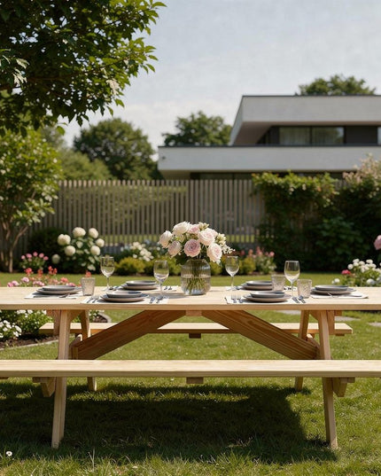 Beige Solid Wood Outdoor Picnic Table Umbrella Hole