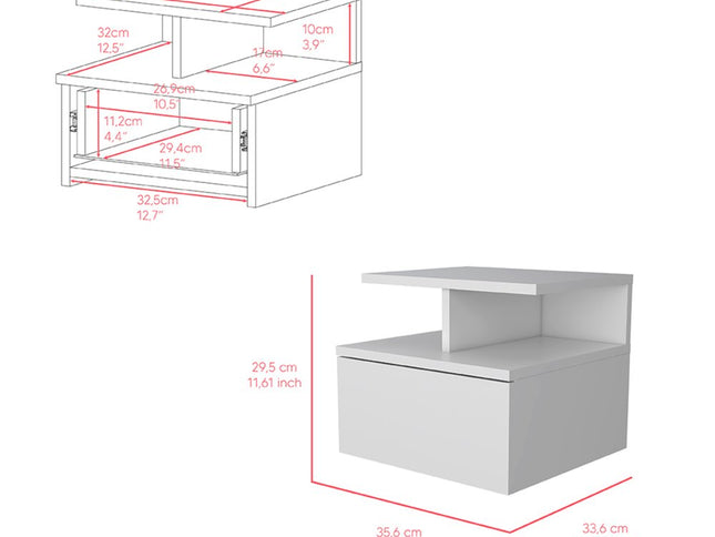12" White Wood One Drawer Floating Nightstand