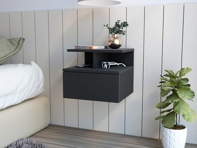 12" Black Wood One Drawer Floating Nightstand