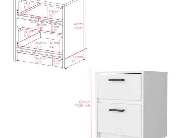 19" White Wood Two Drawer Nightstand