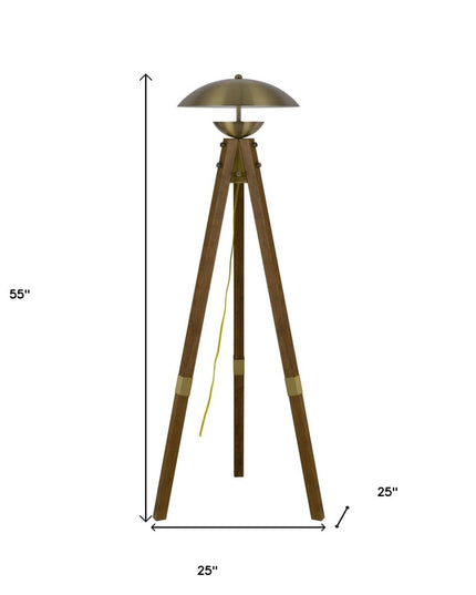 55" Brass Tripod Floor Lamp With Antiqued Brass Dome Shade