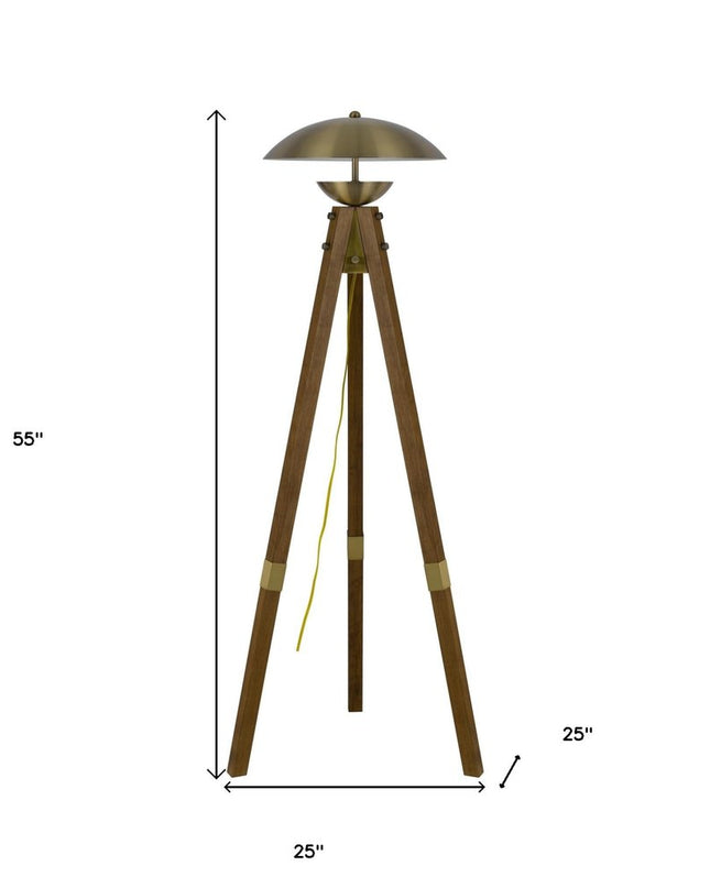 55" Brass Tripod Floor Lamp With Antiqued Brass Dome Shade