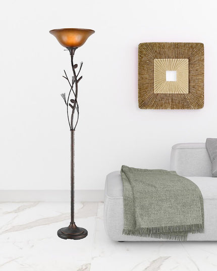 72" Amber Torchiere Floor Lamp With Brown Glass Dome Shade