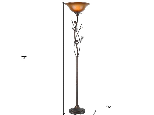 72" Amber Torchiere Floor Lamp With Brown Glass Dome Shade
