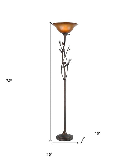 72" Amber Torchiere Floor Lamp With Brown Glass Dome Shade