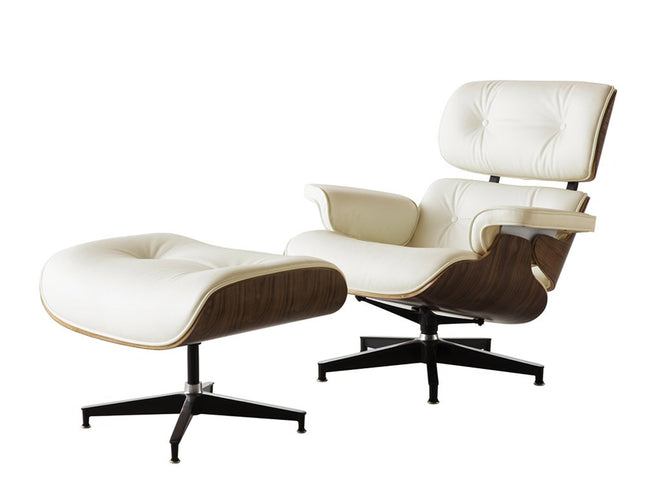 35" Beige and Dark Brown Genuine Leather Tufted Swivel Lounge Chair With Ottoman