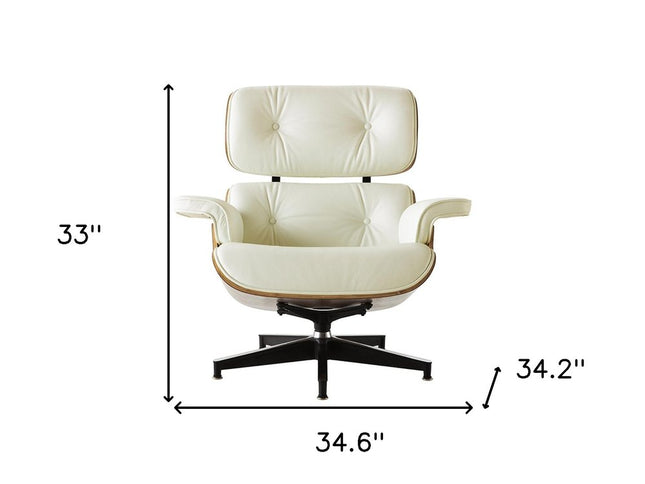 35" Beige and Dark Brown Genuine Leather Tufted Swivel Lounge Chair With Ottoman