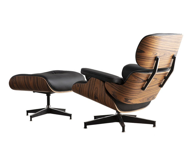 35" Black and Brown Genuine Leather Tufted Swivel Lounge Chair With Ottoman