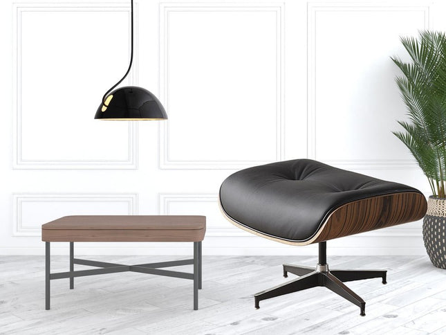 35" Black and Brown Genuine Leather Tufted Swivel Lounge Chair With Ottoman