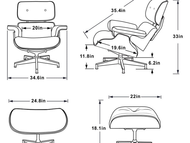 35" Black and Brown Genuine Leather Tufted Swivel Lounge Chair With Ottoman